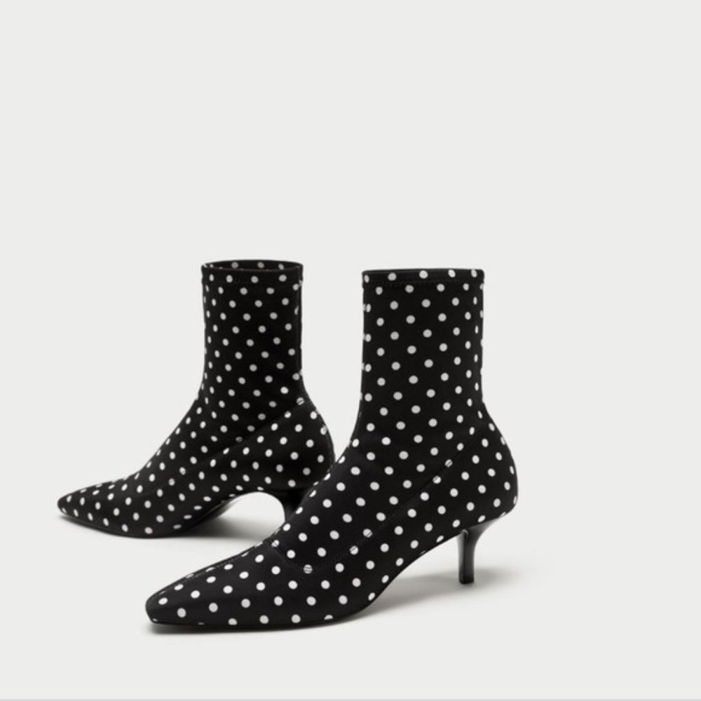 Zara B&W Polka Dot Kitten Heel Sock Boots